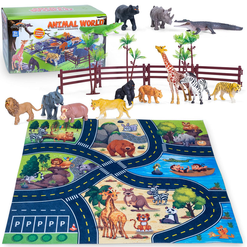 JoyKip Safari Animals Figures Toys with Activity Play Mat & Trees 21 Piece Plastic Animals Figures Wild Zoo Animal figures for Toddlers Animal Toys for Kids 3+