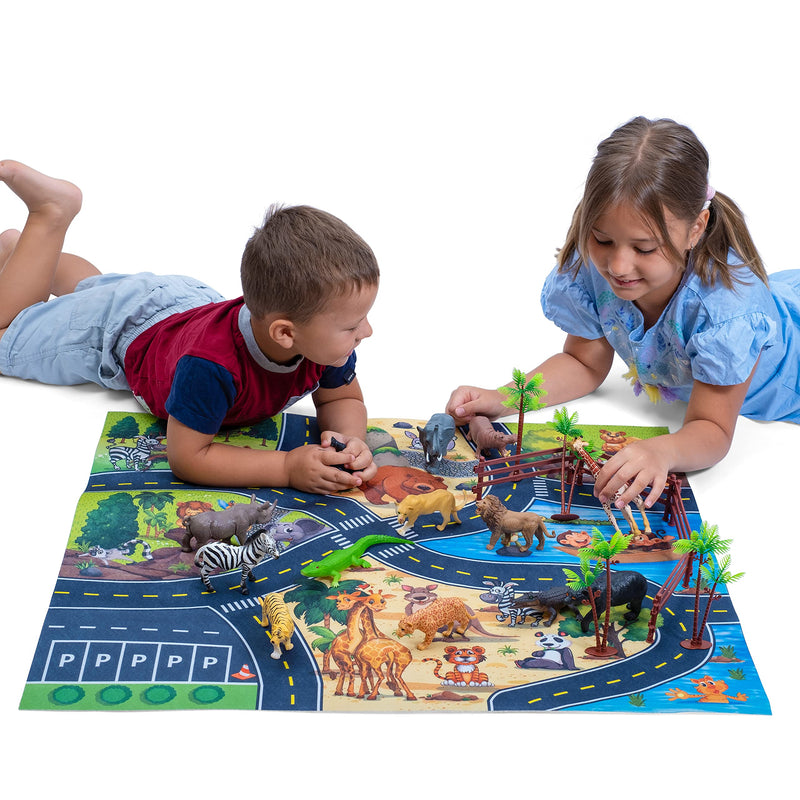 JoyKip Safari Animals Figures Toys with Activity Play Mat & Trees 21 Piece Plastic Animals Figures Wild Zoo Animal figures for Toddlers Animal Toys for Kids 3+