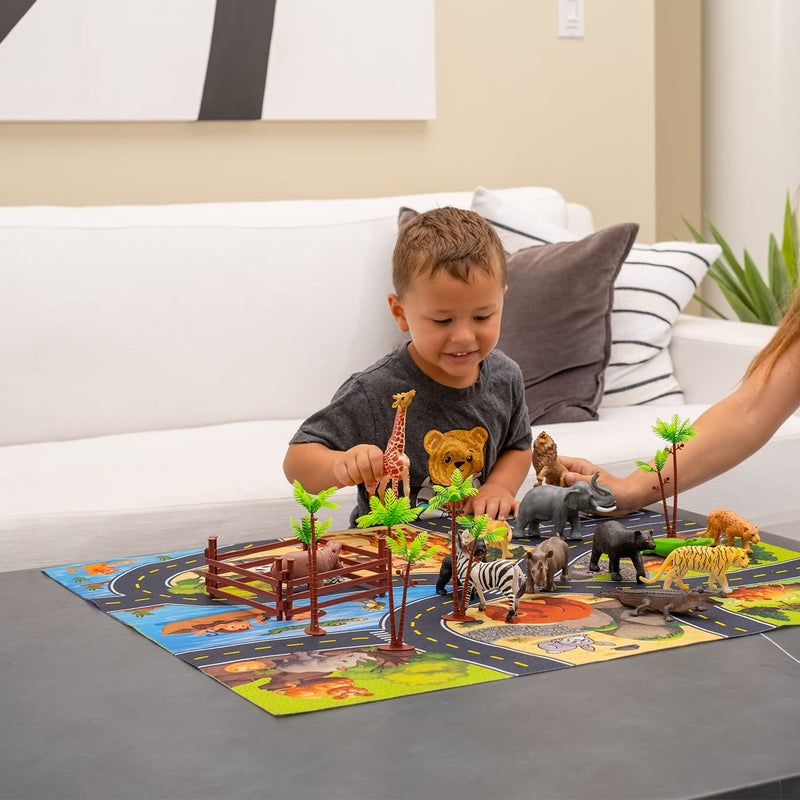 JoyKip Safari Animals Figures Toys with Activity Play Mat & Trees 21 Piece Plastic Animals Figures Wild Zoo Animal figures for Toddlers Animal Toys for Kids 3+