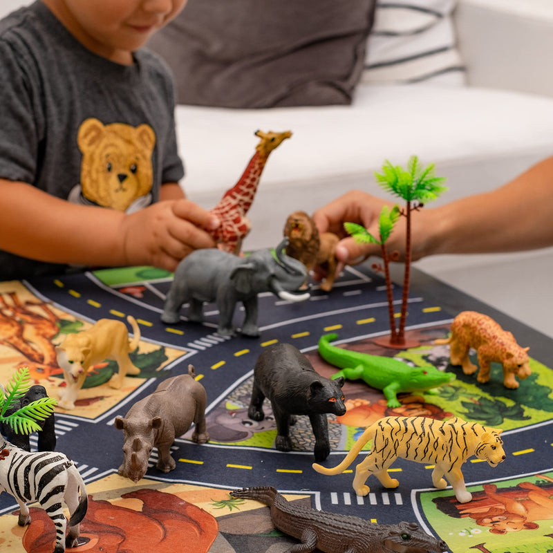 JoyKip Safari Animals Figures Toys with Activity Play Mat & Trees 21 Piece Plastic Animals Figures Wild Zoo Animal figures for Toddlers Animal Toys for Kids 3+