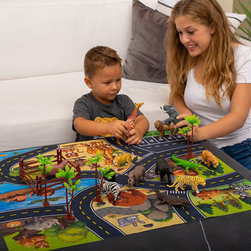 JoyKip Safari Animals Figures Toys with Activity Play Mat & Trees 21 Piece Plastic Animals Figures Wild Zoo Animal figures for Toddlers Animal Toys for Kids 3+