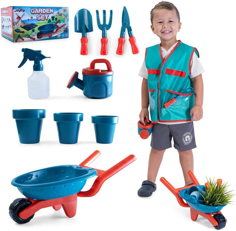 Kids Gardening Set 12 Pcs Toddler Gardening Set Kid Wheelbarrow, Pots, Rake, Watering Can, Spray Bottle, Dustpan, Shovel, Role Play Vest and Scissors Outside Play Set Toddler Outdoor Toys