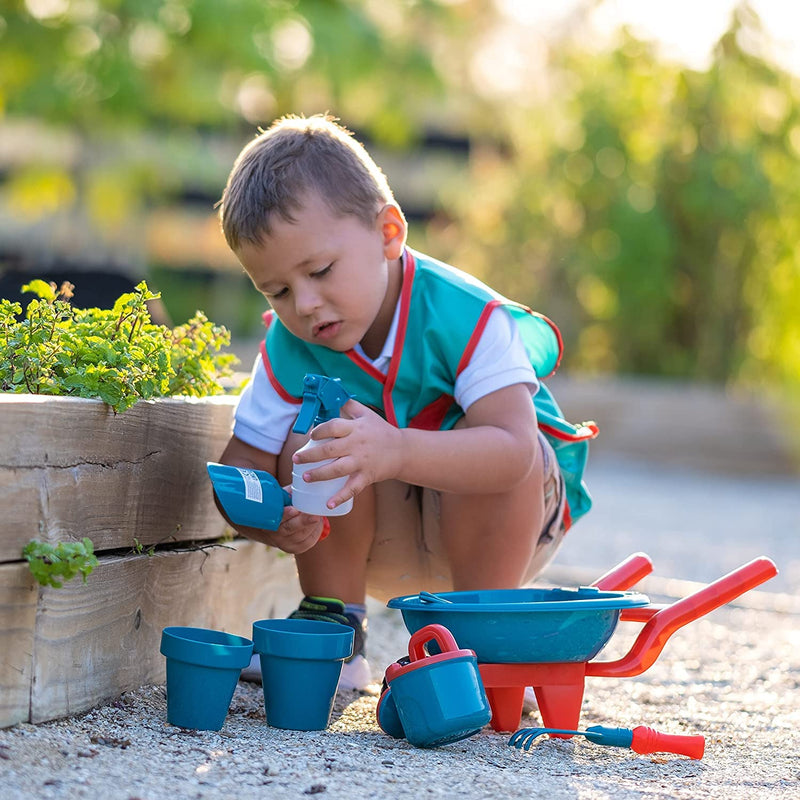 Kids Gardening Set 12 Pcs Toddler Gardening Set Kid Wheelbarrow, Pots, Rake, Watering Can, Spray Bottle, Dustpan, Shovel, Role Play Vest and Scissors Outside Play Set Toddler Outdoor Toys