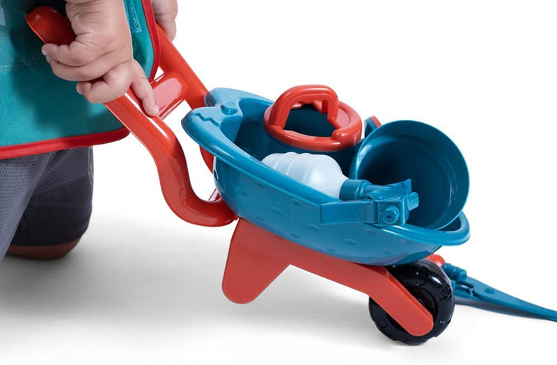 Kids Gardening Set 12 Pcs Toddler Gardening Set Kid Wheelbarrow, Pots, Rake, Watering Can, Spray Bottle, Dustpan, Shovel, Role Play Vest and Scissors Outside Play Set Toddler Outdoor Toys