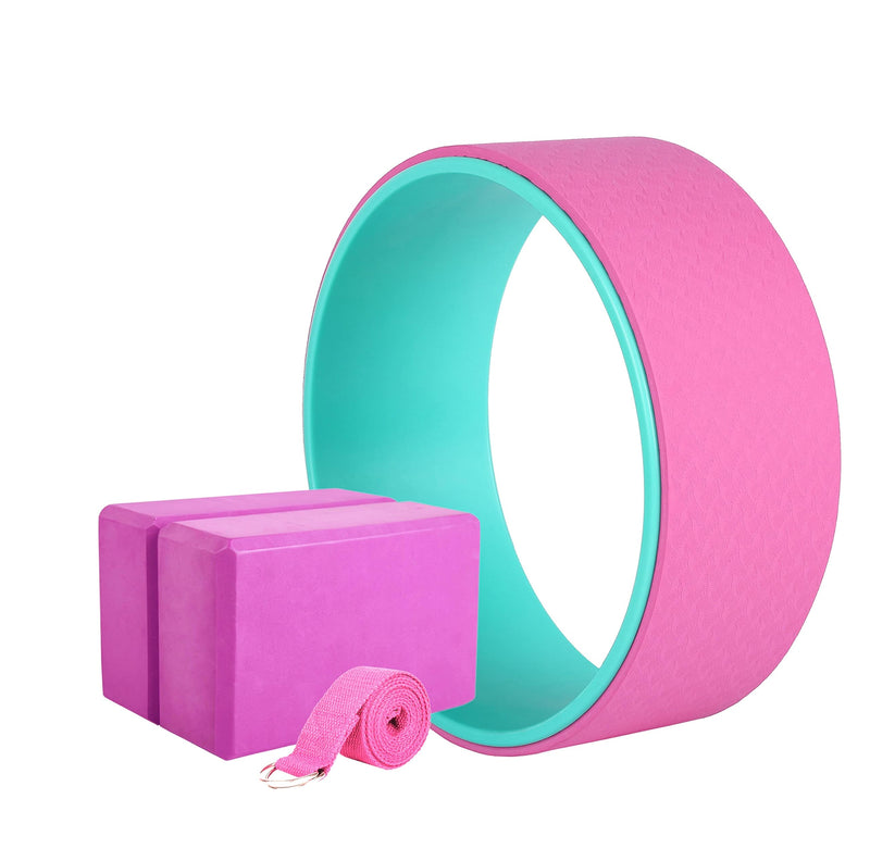 Exerz Yoga Gear Set 4 Pieces - Wheel / 2 Blocks/Belt - for Yoga, Pilates, Other Fitness Workouts - Stretch, Balance, Support - for All Levels (Yoga Wheel Set - Pink)