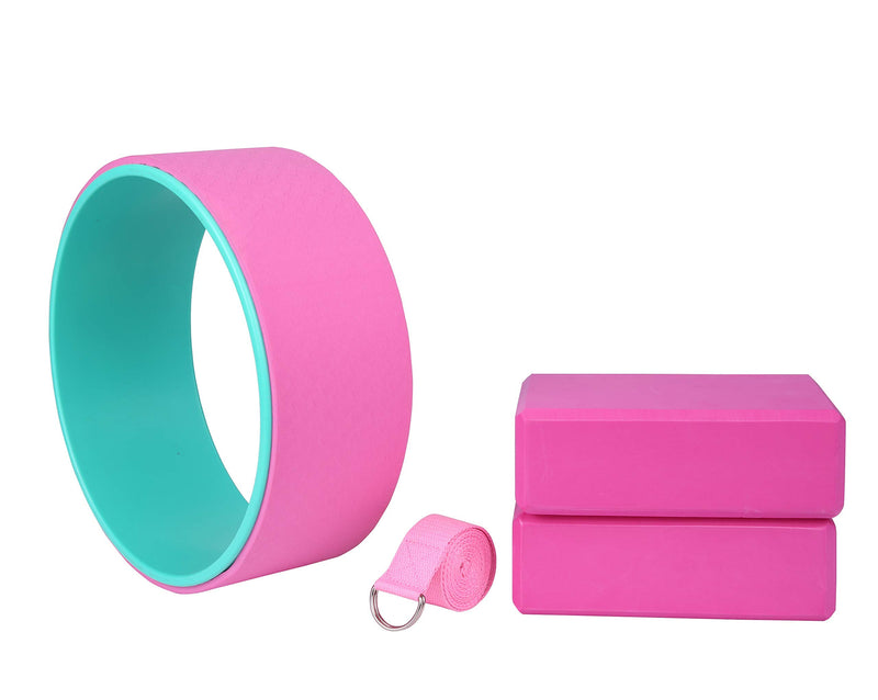 Exerz Yoga Gear Set 4 Pieces - Wheel / 2 Blocks/Belt - for Yoga, Pilates, Other Fitness Workouts - Stretch, Balance, Support - for All Levels (Yoga Wheel Set - Pink)