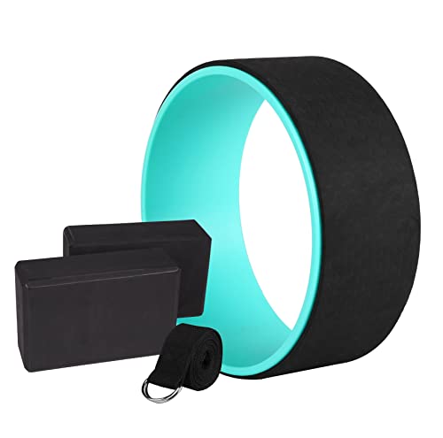 Exerz Yoga Wheel Block Belt 4pcs Essential Set - incl. 1 x Wheel; 2 x Blocks; 1 x Belt - For Yoga, Pilates, and Other Fitness Workouts - Stretch, Balance, Support (Black)