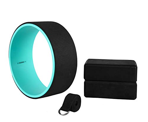 Exerz Yoga Wheel Block Belt 4pcs Essential Set - incl. 1 x Wheel; 2 x Blocks; 1 x Belt - For Yoga, Pilates, and Other Fitness Workouts - Stretch, Balance, Support (Black)
