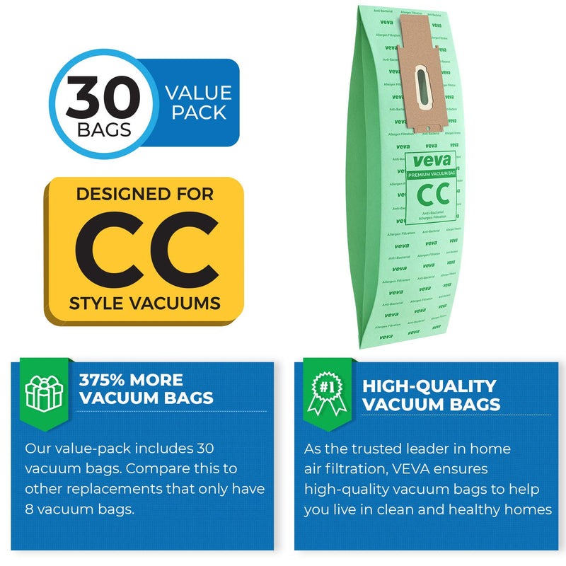 30 Pack Type CC Vacuum Bags for Oreck XL, XL5, XL7, XL21, 2000, 3000, 4000, 7000, 8000, 9000 Upright Vacuum Cleaner, Hypo-Allergenic Bags