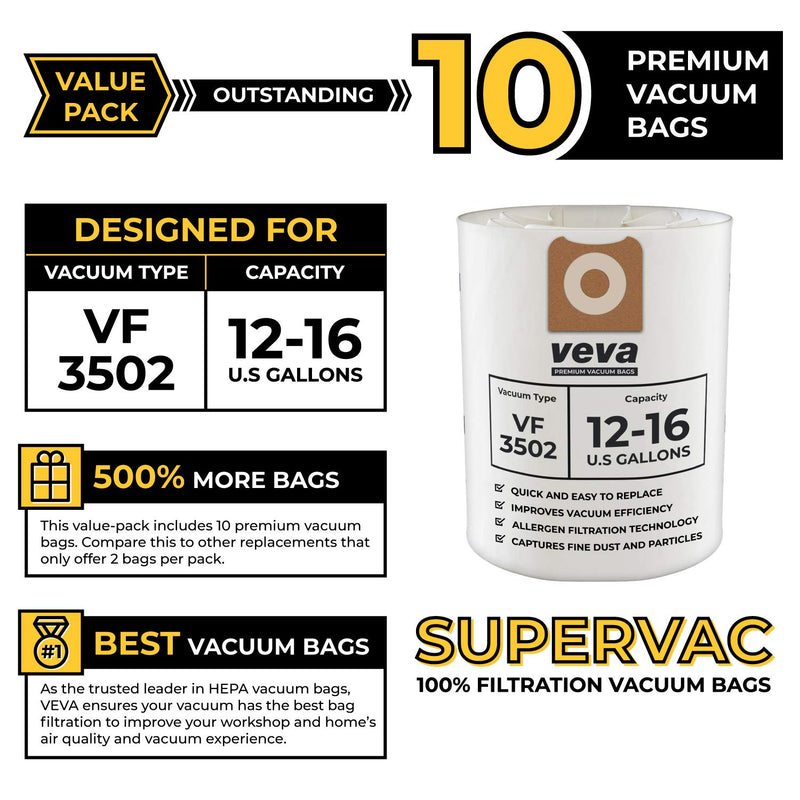 VEVA 10 Pack Premium SuperVac Vacuum Bags VF3502 Compatible with 12-16 Gallon Ridgid Wet/Dry Vacuums