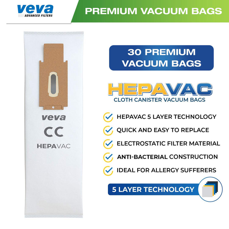 30 Pack Type CC HEPA Vacuum Bags for Oreck XL, XL5, XL7, XL21, 2000, 3000, 4000, 7000, 8000, 9000 Upright Vacuum Cleaner, Premium Hypo-Allergenic Bags