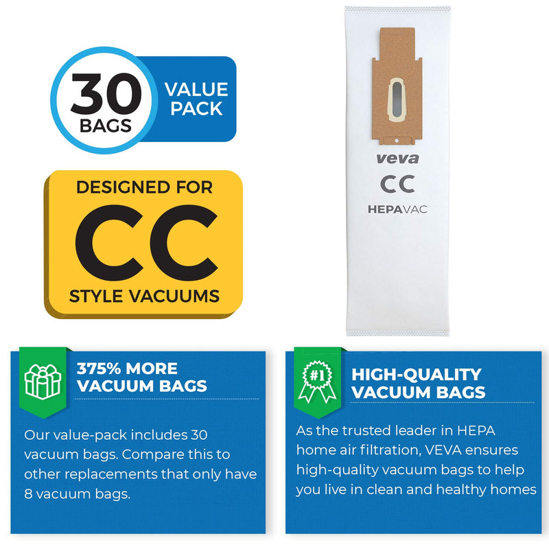 30 Pack Type CC HEPA Vacuum Bags for Oreck XL, XL5, XL7, XL21, 2000, 3000, 4000, 7000, 8000, 9000 Upright Vacuum Cleaner, Premium Hypo-Allergenic Bags