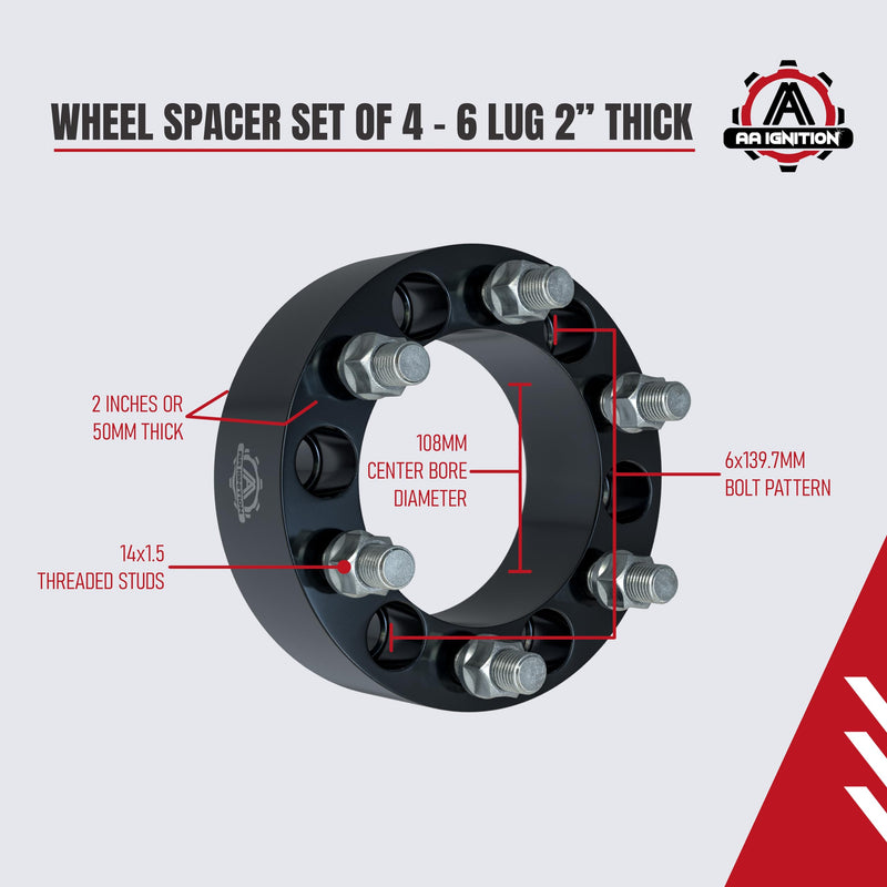 6x5.5 Wheel Spacers 2 Inch, Set of 4-6 Lug 50mm Wheel Centric Adapter - Fits Chevy, GMC & Cadillac - 1999-2022 Silverado, Sierra, Avalanche, Tahoe & Suburban - 6x139.7mm Bolt Pattern, M14x1.5 Studs