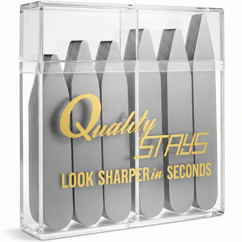 Quality Stays 52 Metal Collar Stays, Stainless Steel Dress Shirt Collar Inserts, 4 Sizes with Storage Case