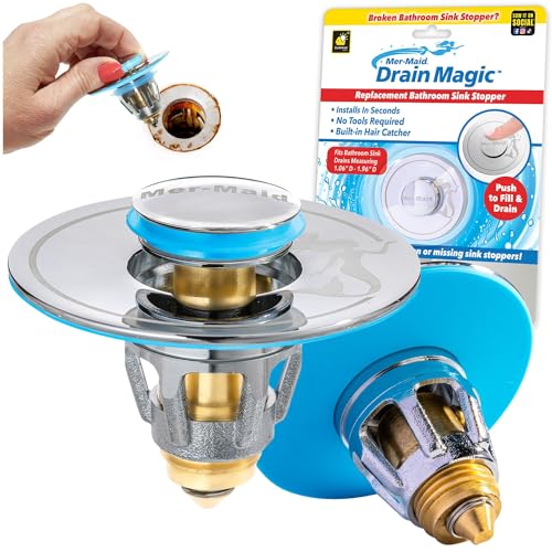 Mer-Maid Drain Magic AS SEEN ON TV Replace Broken or Missing Bathroom Drain Stoppers in Seconds, No Tools, Push To Fill, Hair Catcher Prevents Clogs, Watertight Silicone Seal,Chrome Plated Solid Brass