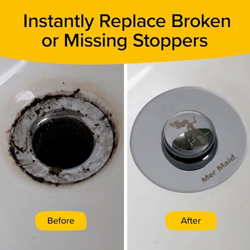 Mer-Maid Drain Magic AS SEEN ON TV Replace Broken or Missing Bathroom Drain Stoppers in Seconds, No Tools, Push To Fill, Hair Catcher Prevents Clogs, Watertight Silicone Seal,Chrome Plated Solid Brass