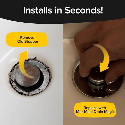 Mer-Maid Drain Magic AS SEEN ON TV Replace Broken or Missing Bathroom Drain Stoppers in Seconds, No Tools, Push To Fill, Hair Catcher Prevents Clogs, Watertight Silicone Seal,Chrome Plated Solid Brass