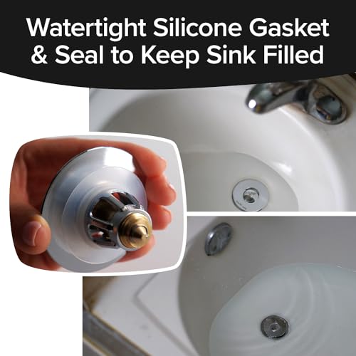 Mer-Maid Drain Magic AS SEEN ON TV Replace Broken or Missing Bathroom Drain Stoppers in Seconds, No Tools, Push To Fill, Hair Catcher Prevents Clogs, Watertight Silicone Seal,Chrome Plated Solid Brass