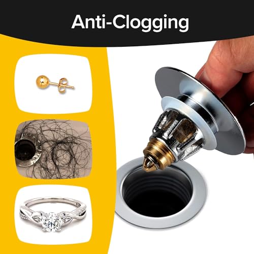 Mer-Maid Drain Magic AS SEEN ON TV Replace Broken or Missing Bathroom Drain Stoppers in Seconds, No Tools, Push To Fill, Hair Catcher Prevents Clogs, Watertight Silicone Seal,Chrome Plated Solid Brass