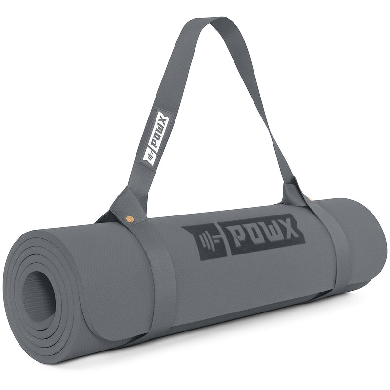 PowX 10mm Extra Thick TPE Yoga Mat with Nylon Carry Strap – Gray (26" x 74")