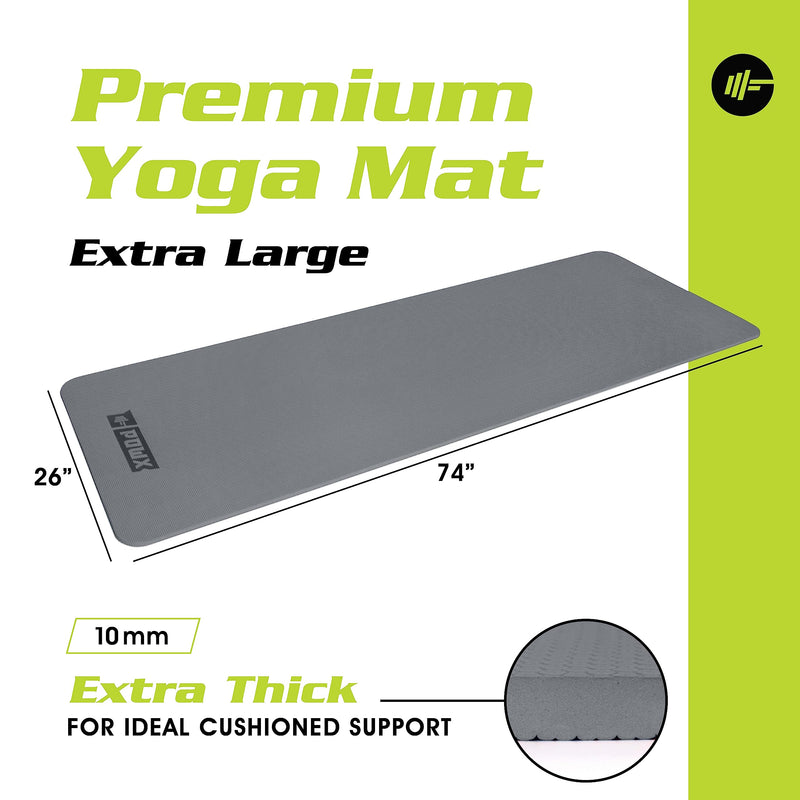 PowX 10mm Extra Thick TPE Yoga Mat with Nylon Carry Strap – Gray (26" x 74")