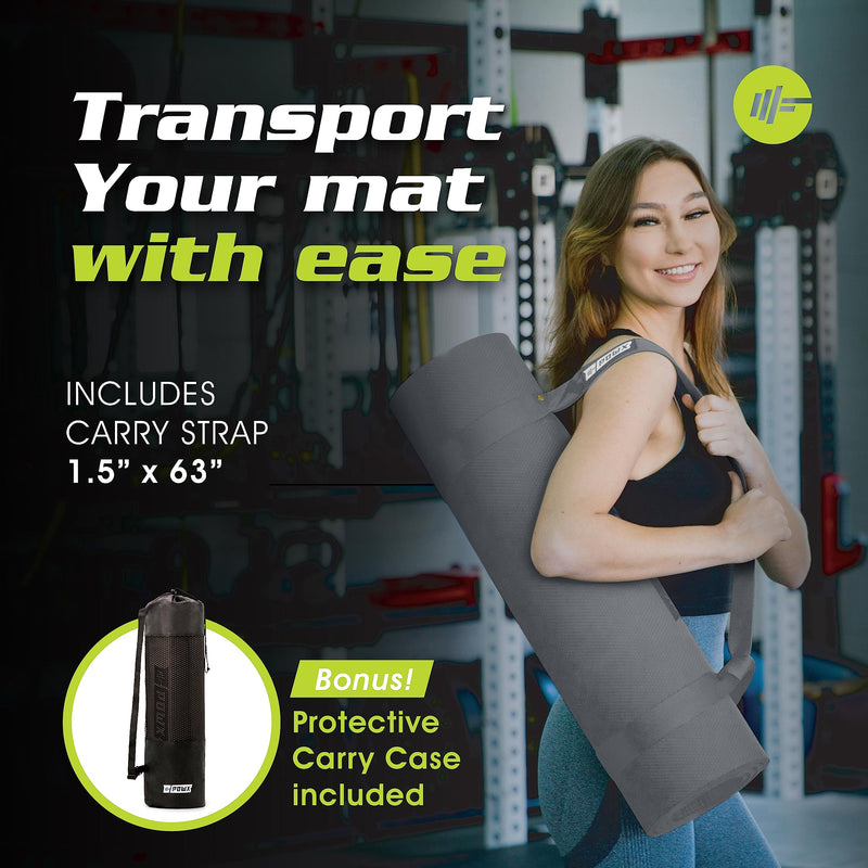PowX 10mm Extra Thick TPE Yoga Mat with Nylon Carry Strap – Gray (26" x 74")