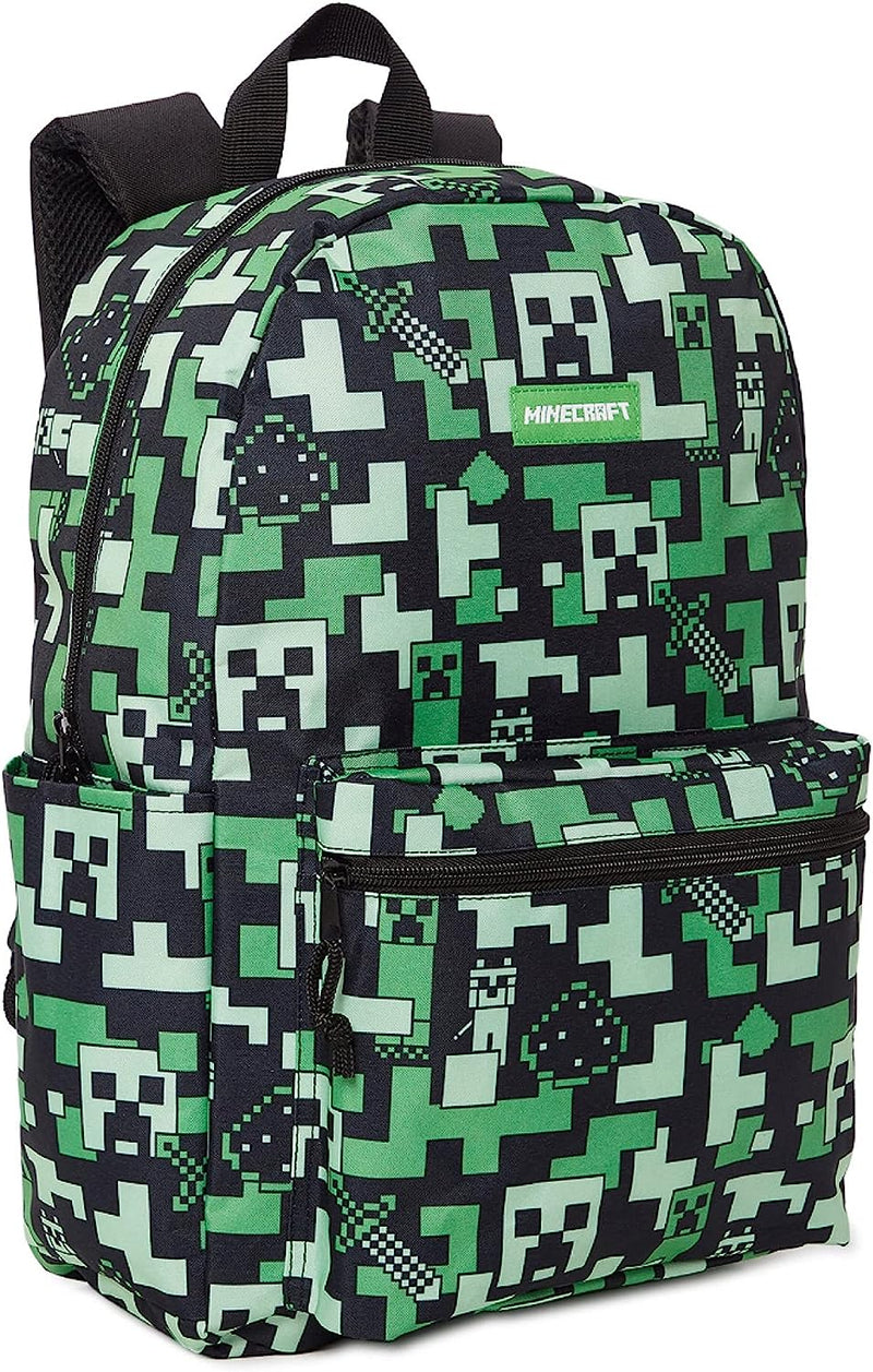 Minecraft Kids Teen School Backpack 16” Creeper Print Black Rucksack w/ Zipper
