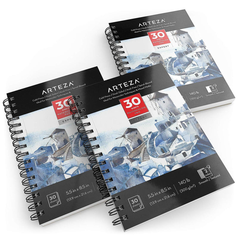 Arteza Expert Watercolor Pad, Cold-Pressed, 5.5" x 8.5", 30 Sheets - Pack of 3
