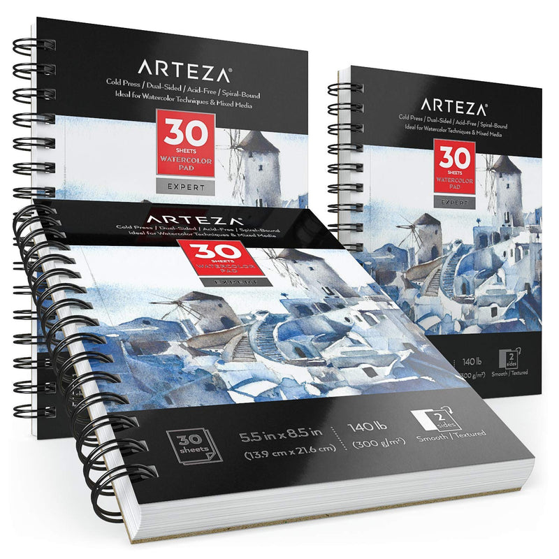Arteza Expert Watercolor Pad, Cold-Pressed, 5.5" x 8.5", 30 Sheets - Pack of 3