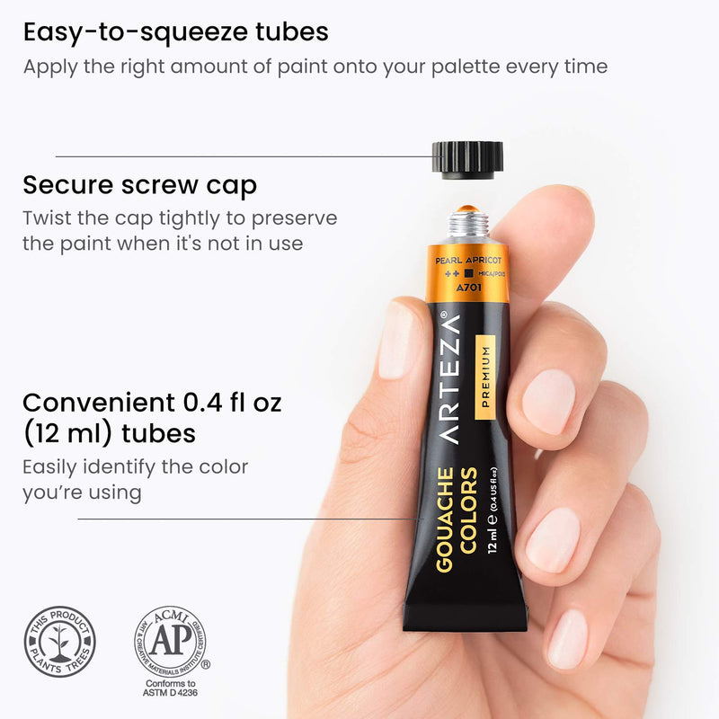 Arteza Metallic Gouache Paint, 12ml Tubes - Set of 12