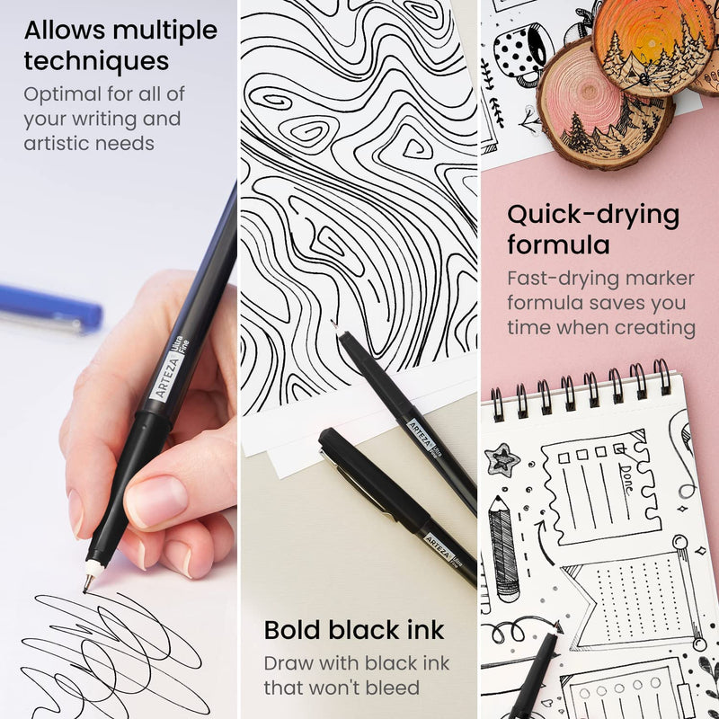 Arteza Permanent Markers, Black, Ultra Fine Tip - Set of 40