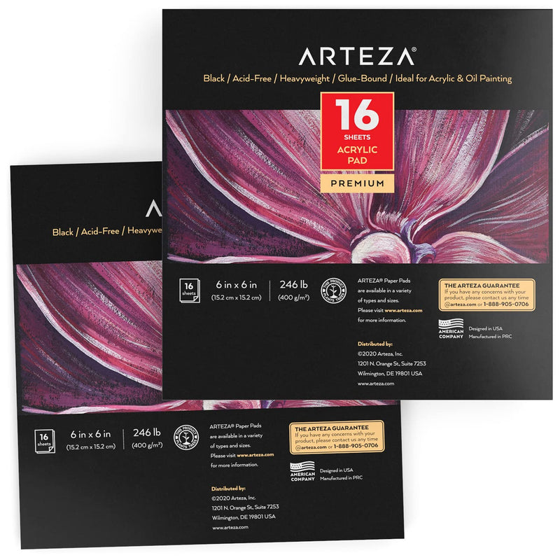 Arteza Acrylic Pad, Black, 6" x 6", 16 Sheets- Pack of 2