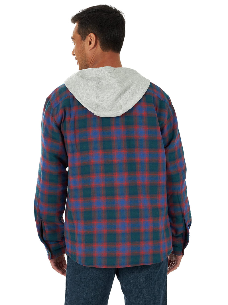 Wrangler Authentics Men's Long Sleeve Quilted Lined Flannel Shirt Jacket with Hood, Blue/Red, Medium