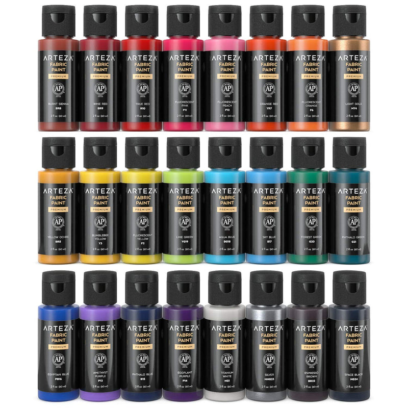 Arteza Fabric Paint, Unique Colors, 2oz Bottles - Set of 24