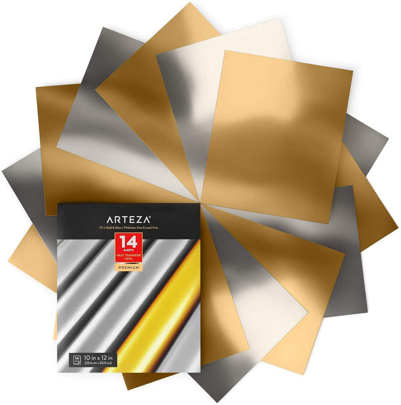 Arteza Heat Transfer Vinyl, Metallic Gold & Silver, 10" x 12" Sheets - Set of 14