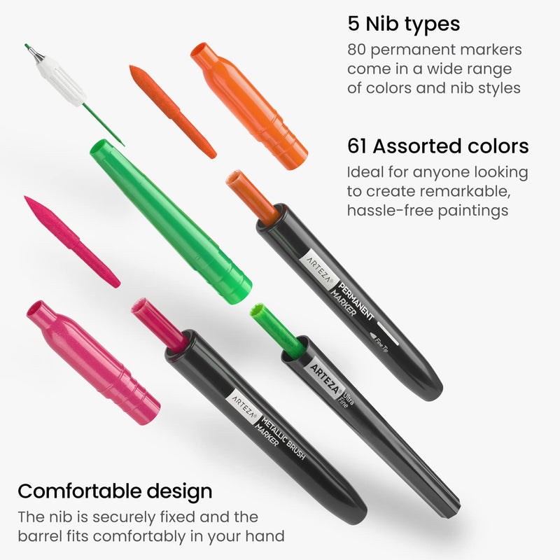 Arteza Permanent Markers Ultimate Supreme Set, Assorted - 80 Pieces