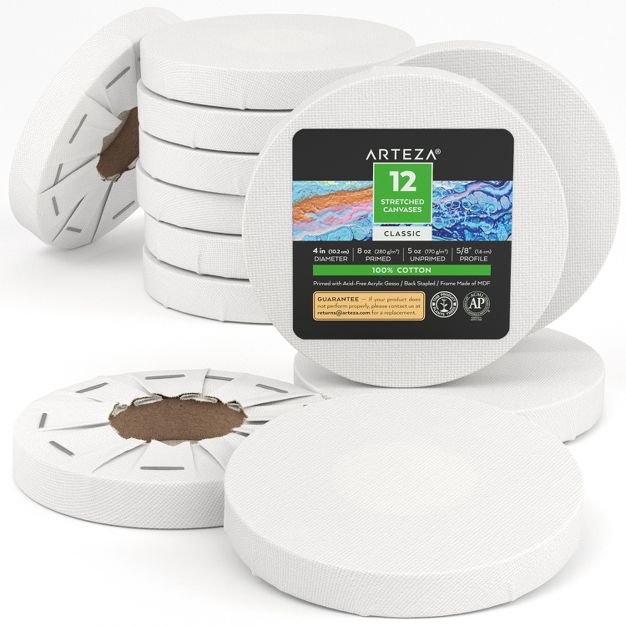Arteza Round Stretched Canvas, 4" Diameter - Pack of 12