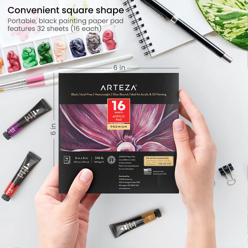 Arteza Acrylic Pad, Black, 6" x 6", 16 Sheets- Pack of 2