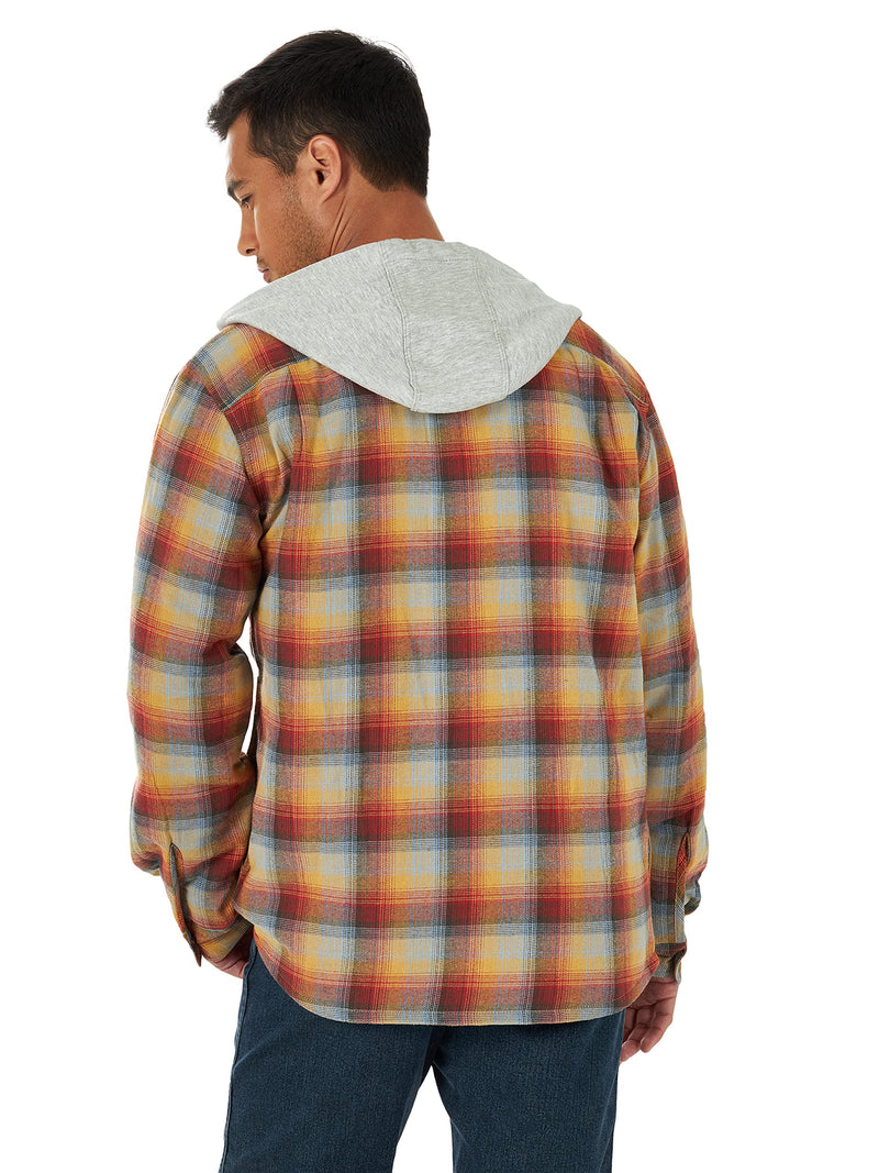 Wrangler Authentics Men's Long Sleeve Quilted Lined Flannel Shirt Jacket with Hood, Red/Yellow, Large