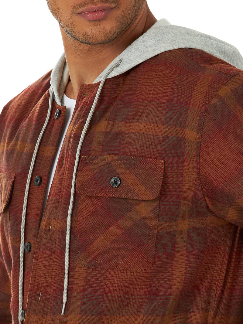 Wrangler Authentics Men's Long Sleeve Quilted Lined Flannel Shirt Jacket with Hood, Toffee, Large