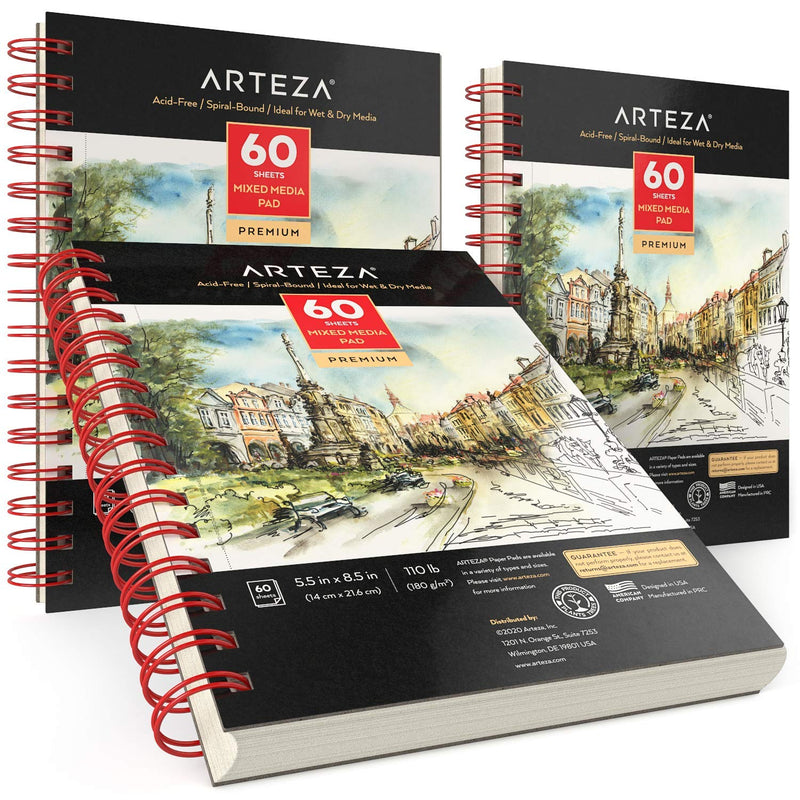Arteza Mixed Media Pad, 5.5" x 8.5", 60 Sheets - Pack of 3