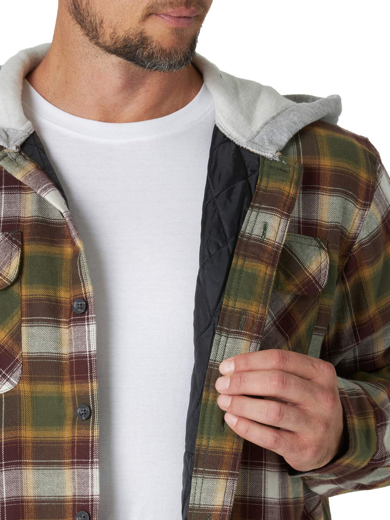 Wrangler Authentics Men's Long Sleeve Quilted Lined Flannel Shirt Jacket with Hood, Olive Night, Small
