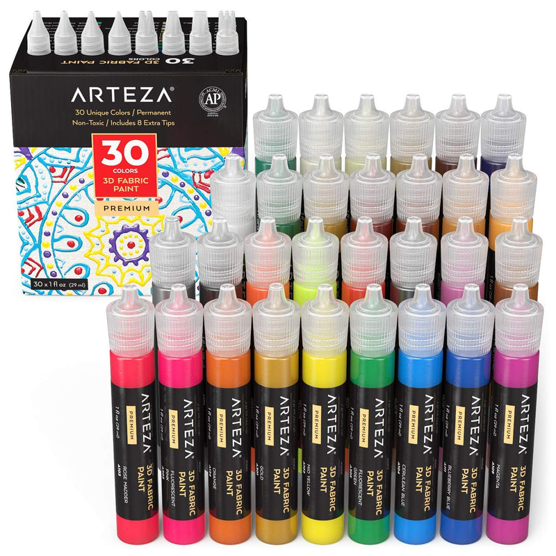 Arteza 3D Fabric Paint, Set of 30, Metallic & Glitter Colors