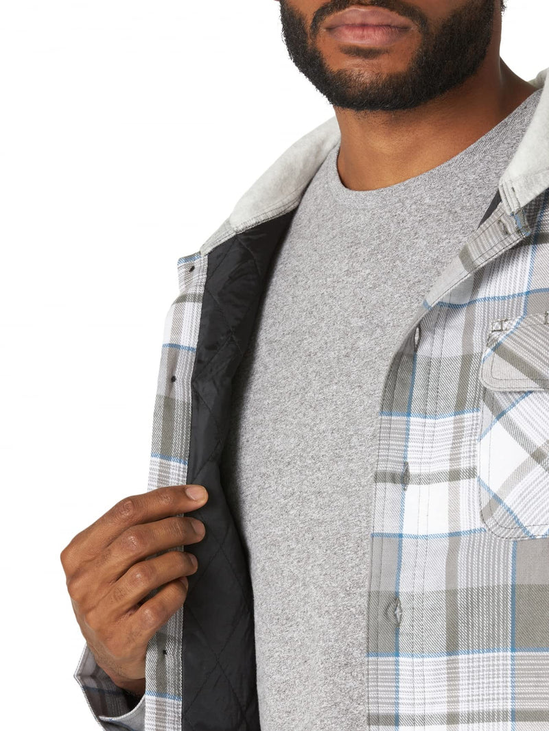 Wrangler Authentics Men's Long Sleeve Quilted Lined Flannel Shirt Jacket with Hood, Gray, 3X-Large