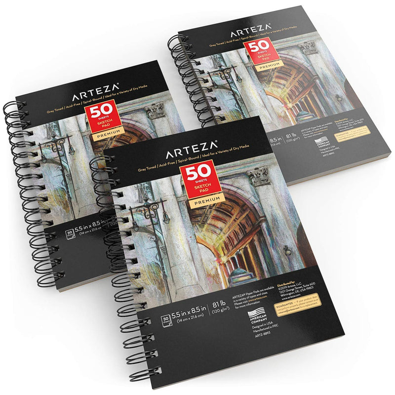 Arteza Gray Toned Sketchbook, 5.5" x 8.5", 50 Sheets - Pack of 3