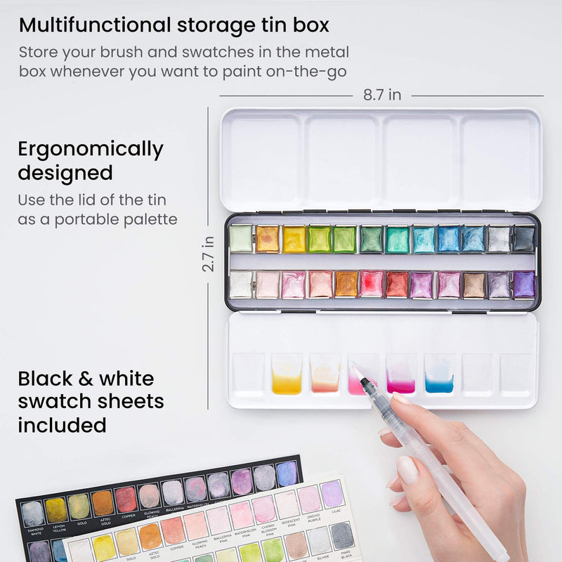 Arteza Metallic Watercolor Paint, Half-Pans - Set of 24