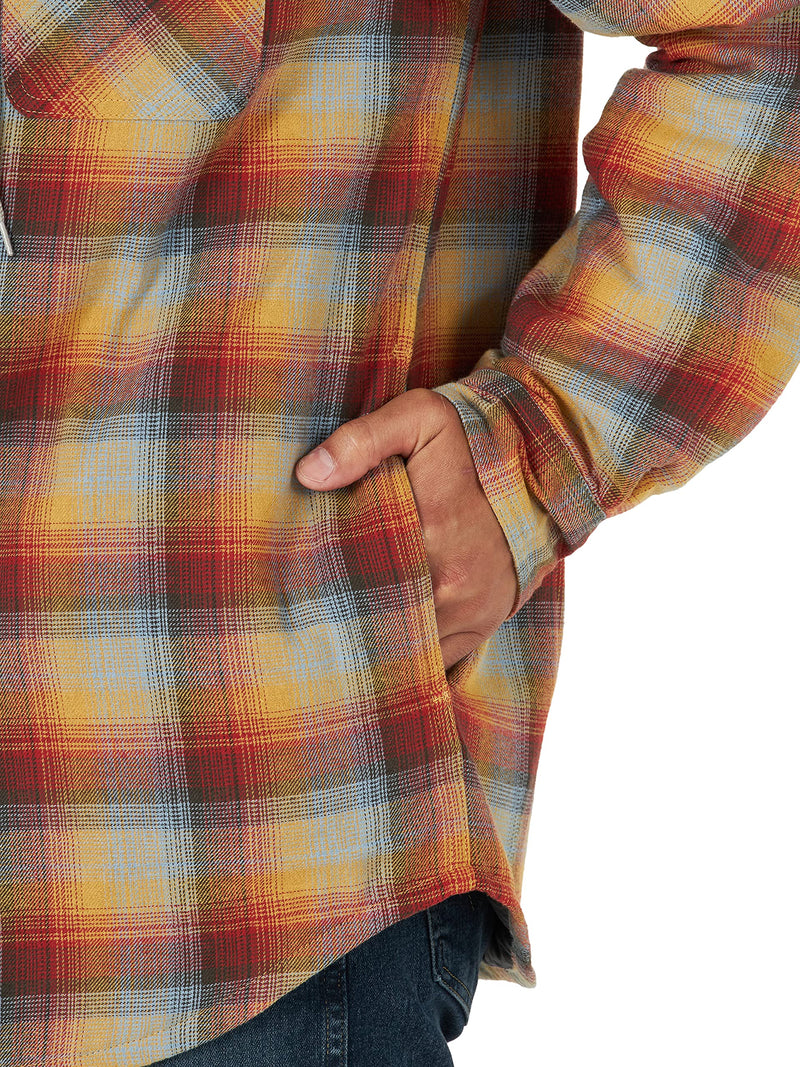 Wrangler Authentics Men's Long Sleeve Quilted Lined Flannel Shirt Jacket with Hood, Red/Yellow, Large