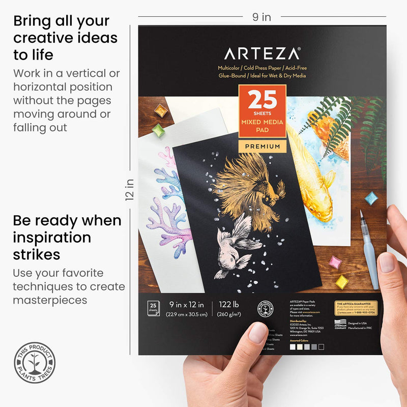 Arteza Mixed Media Pad, 5 Tones, 9" x 12” - 25 Sheets