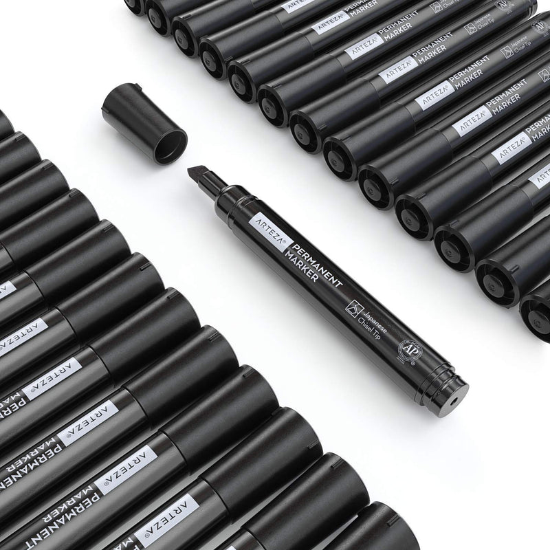 Arteza Permanent Markers, Black, Chisel Tip - Pack of 36