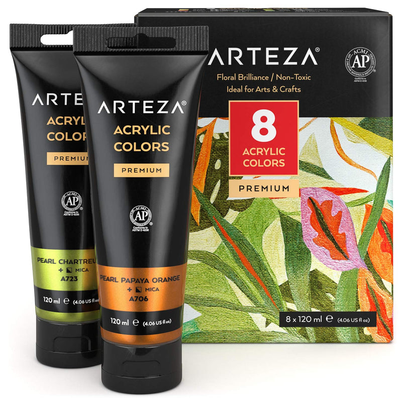 Arteza Metallic Acrylic Paint, Floral Brilliance, 4oz Tubes - Set of 8